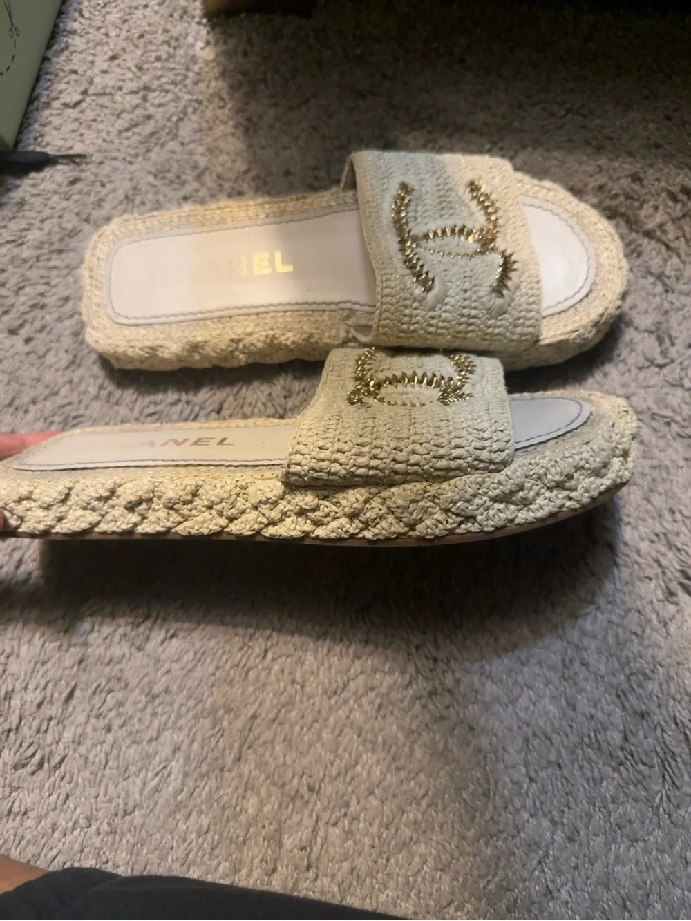 CHANEL Cream Braided Slide Sandals with Gold CC Detail
